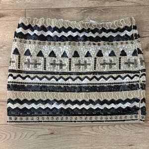 Forever 21 Tan Sequin & Beaded Mini Skirt with Black & White Accents
